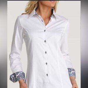 Georg Roth women’s white button-front shirt with paisley contrast cuffs Medium